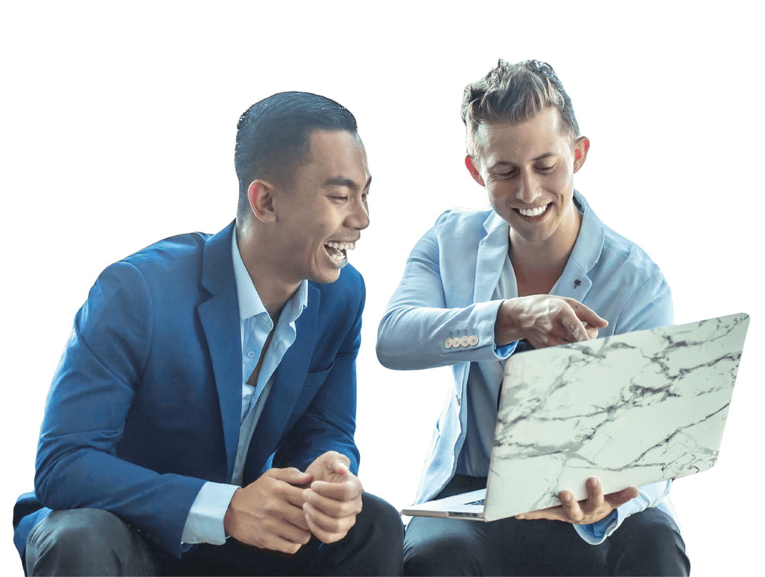 Two men pointing to laptop