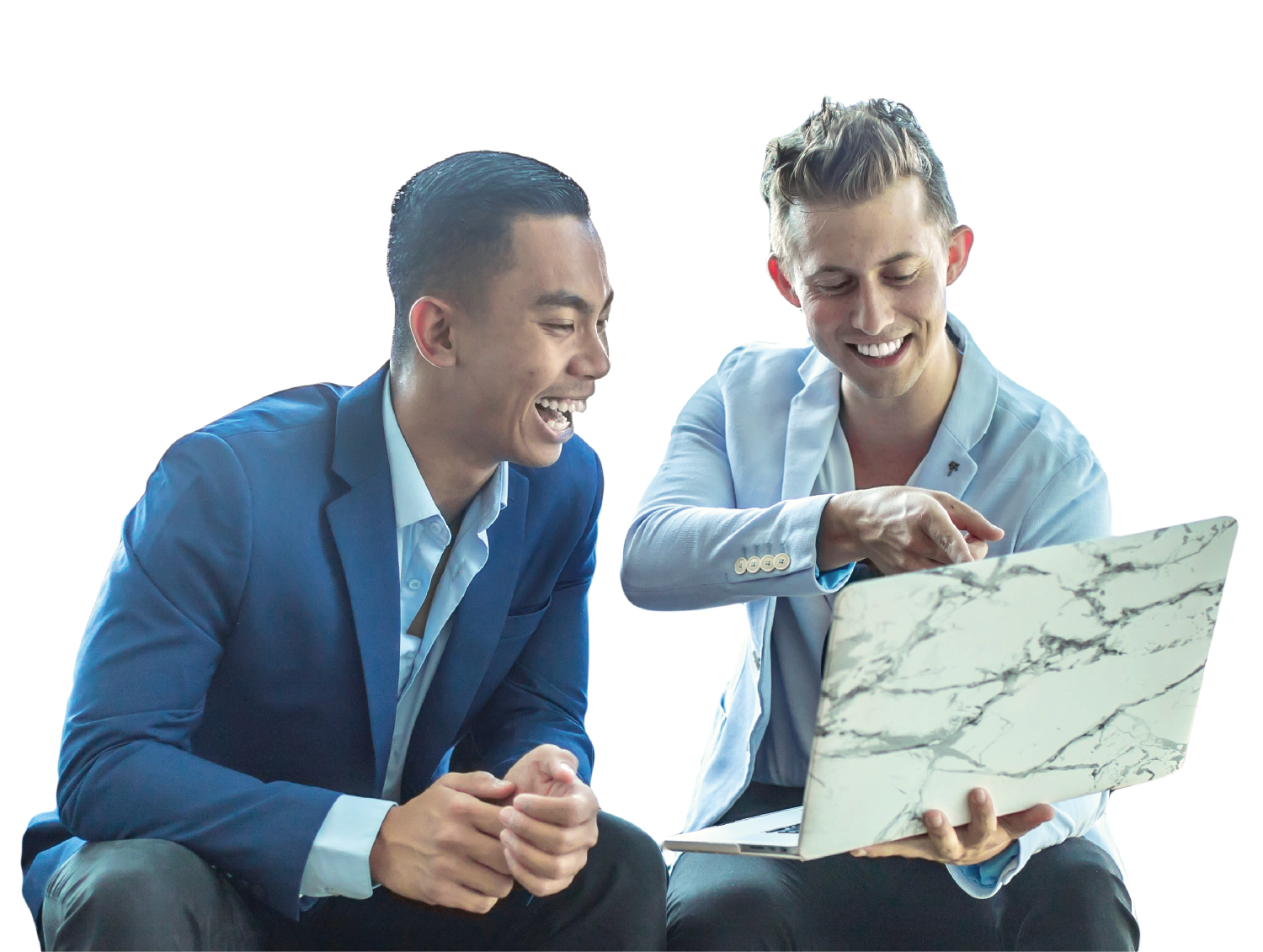 Two men pointing to laptop